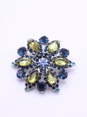Vintage unsigned Blue and Yellow Crystal Floral Statement Brooch